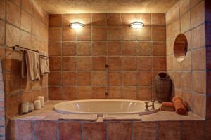 Mount Etjo accommodation – bathtub and shower in an earth-toned bathroom
