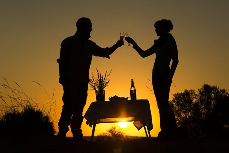 Auob River accommodation – sundowner table in silhouette