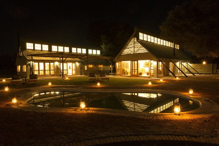 Auob River accommodation – main lodge illuminated at night