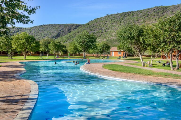 Curved swimming pool at Damara Mopane Lodge accommodation