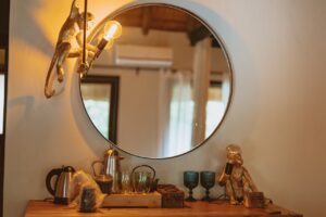 Tea station and vanity in a Namushasha River Lodge room