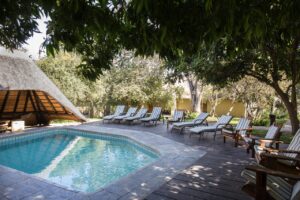 Swimming pool in the shaded grounds at Namushasha River Lodge
