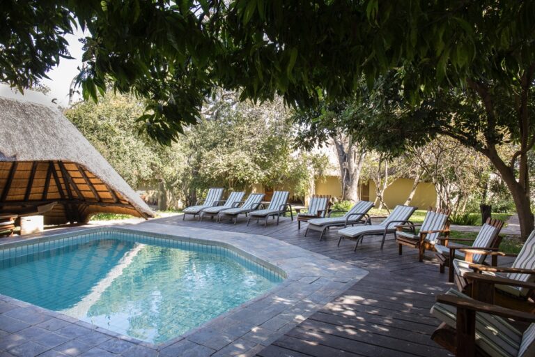 Swimming pool in the shaded grounds at Namushasha River Lodge