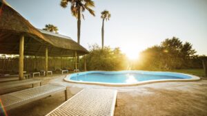 Swimming pool at Palmwag Lodge in late-afternoon light