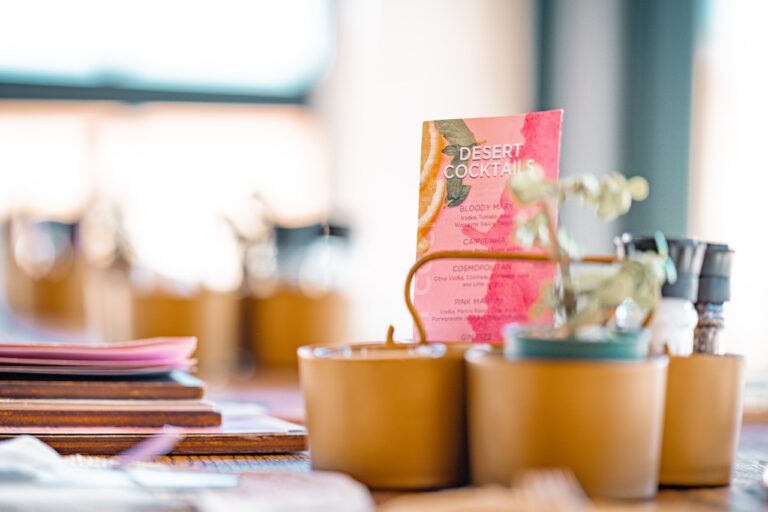 Condiments and colourful tableware at The Desert Grace