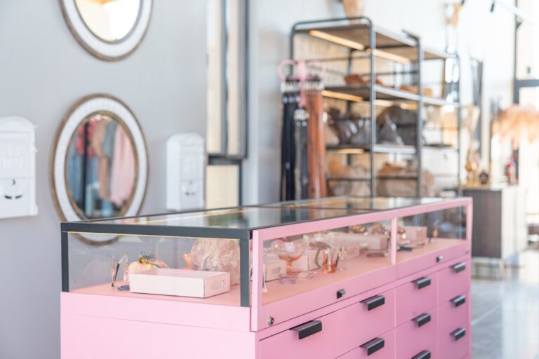 Pink cabinet and mirror at The Desert Grace