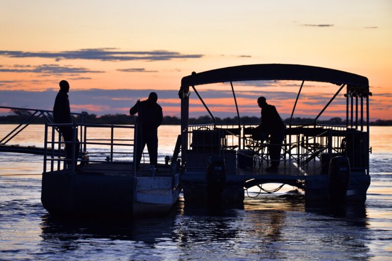 Boat cruise departing Zambezi Mubala Lodge at sunset