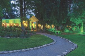 Evening garden path at Kalahari Farmhouse in Stampriet